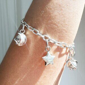 950 solid silver charms paper clip bracelet, stars and hearts charm bracelet
